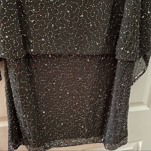 Jkara Cocktail Dress Dropped Waist Dolman sleeves Slate w/sequins Size 16 - Picture 10 of 11